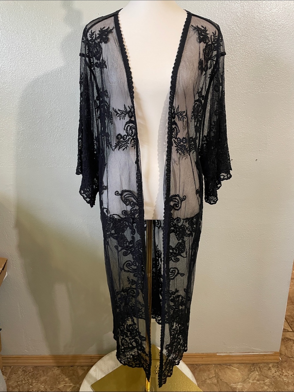 Sheer Black Floral Lace Kimono Wrap - Unbranded